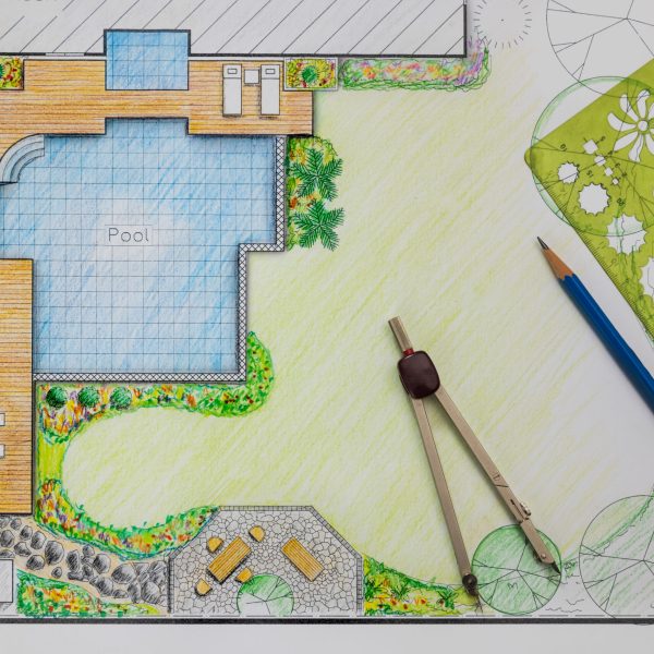 Backyard garden and pool design plan for villa.